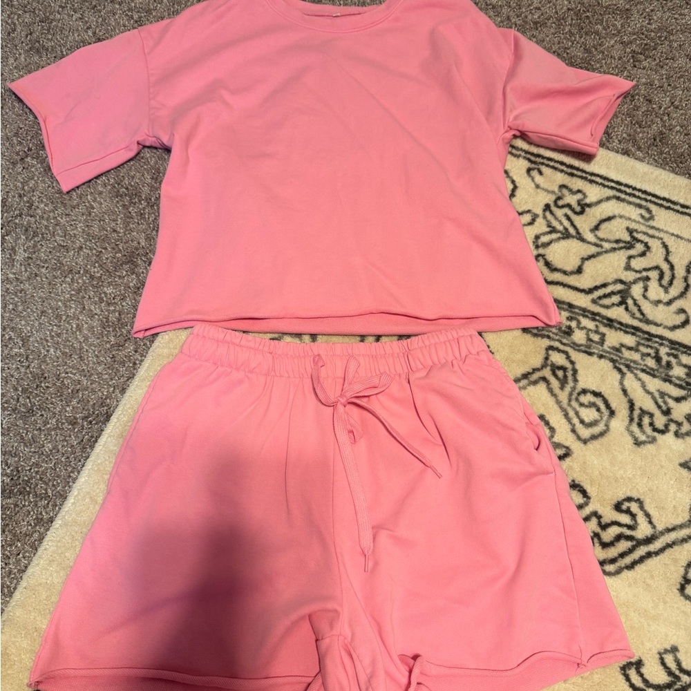 Pink Cozy Lounge Set - Short Sleeve Tee & Drawstring Shorts